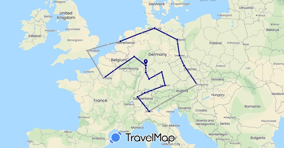 TravelMap itinerary: driving, plane in Austria, Switzerland, Czech Republic, Germany, France, United Kingdom, Italy, Netherlands (Europe)